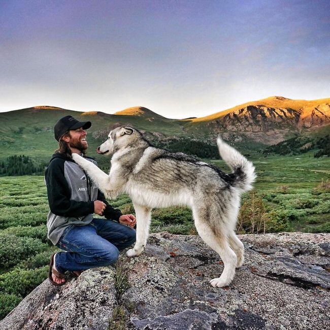 Man and his playful dog