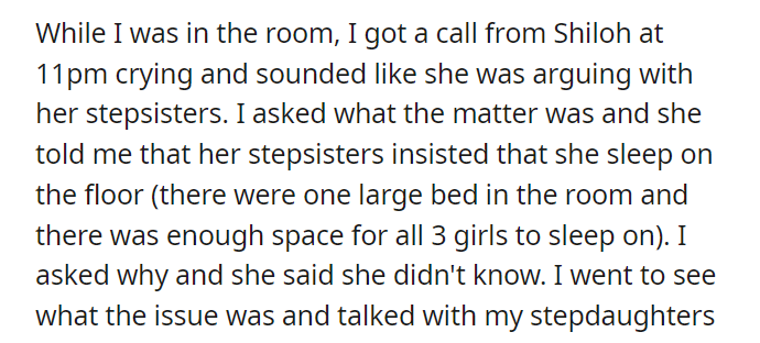 AITA for getting my daughter a hotel room entirely for herself after her stepsisters made her sleep on the floor