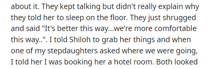 AITA for getting my daughter a hotel room entirely for herself after her stepsisters made her sleep on the floor
