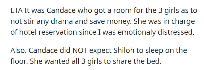 AITA for getting my daughter a hotel room entirely for herself after her stepsisters made her sleep on the floor