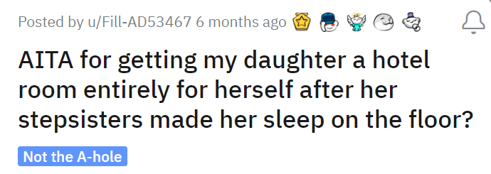 AITA for getting my daughter a hotel room entirely for herself after her stepsisters made her sleep on the floor