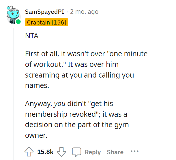 AITA for getting someone banned from the gym over 1 minute of workout