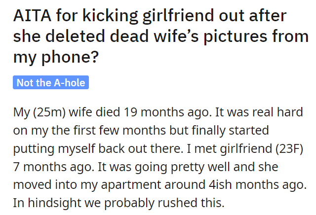 AITA for kicking girlfriend out after she deleted dead wife’s pictures from my phone