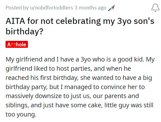 AITA for not celebrating my 3yo son's birthday