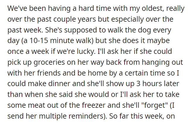 AITA for not paying for my daughter to go on vacation with us because she didn't do the small chores that I asked