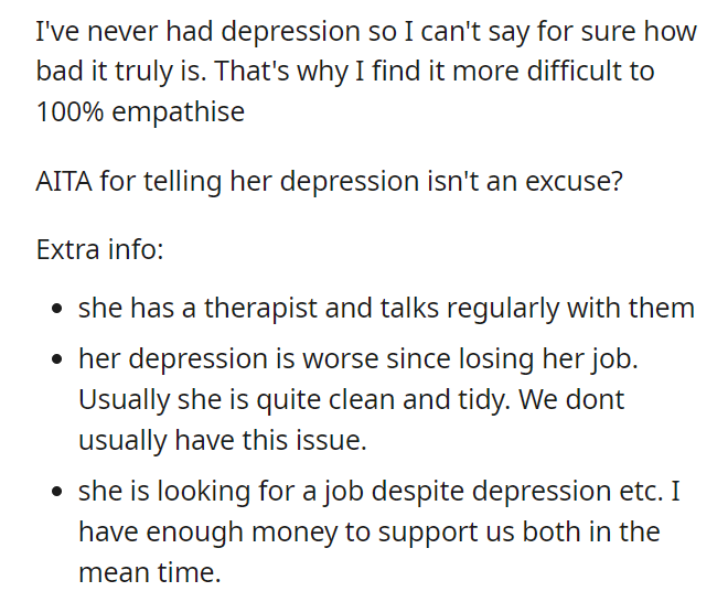 AITA for telling my girlfriend that being depressed is not an excuse for being lazy?