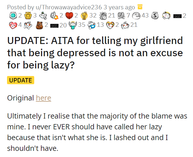 AITA for telling my girlfriend that being depressed is not an excuse for being lazy?