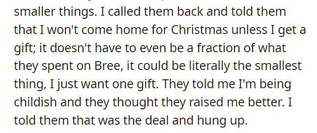 AITA for telling my parents I won't go home for Christmas unless they get me a gift