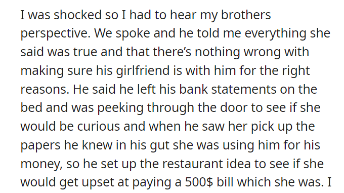 Aita for telling my brother he got exactly what he deserved when he pushed his girlfriend away for being a “gold digger”