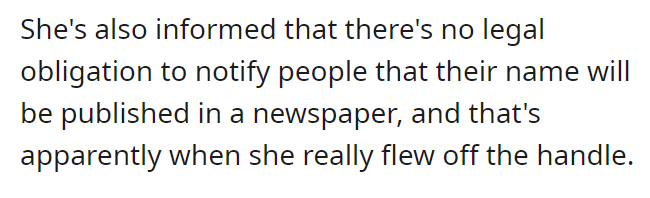 Karen is pissed off because her name was printed in a newspaper without her permission
