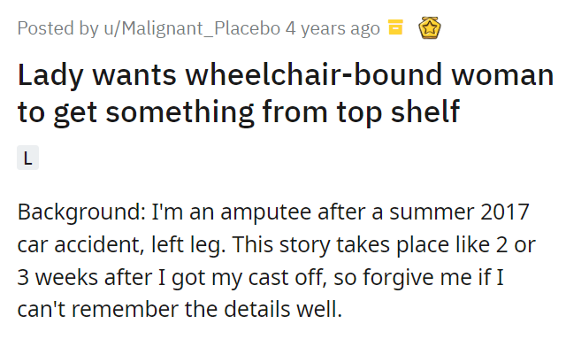 Lady wants wheelchair-bound woman to get something from top shelf