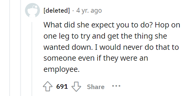 Lady wants wheelchair-bound woman to get something from top shelf