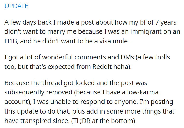 My boyfriend doesn't want to marry me because I'm an immigrant + UPDATE