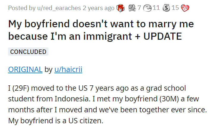 My boyfriend doesn't want to marry me because I'm an immigrant + UPDATE