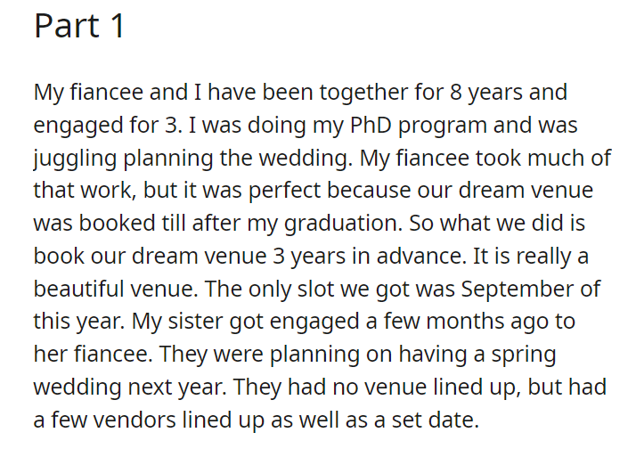 My family is pressuring me to give my (23/F) sister my (28/F) wedding venue because she needs it more and is pregnant. (Re-upload +Updates)