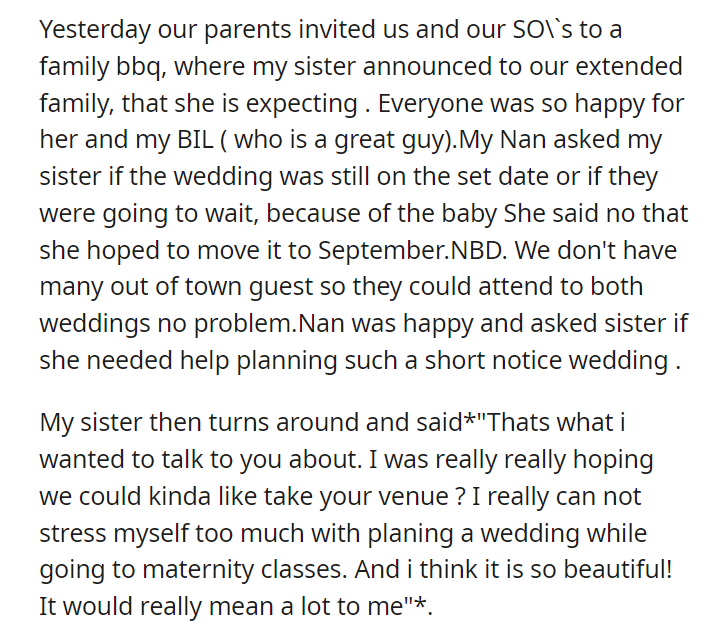My family is pressuring me to give my (23/F) sister my (28/F) wedding venue because she needs it more and is pregnant. (Re-upload +Updates)