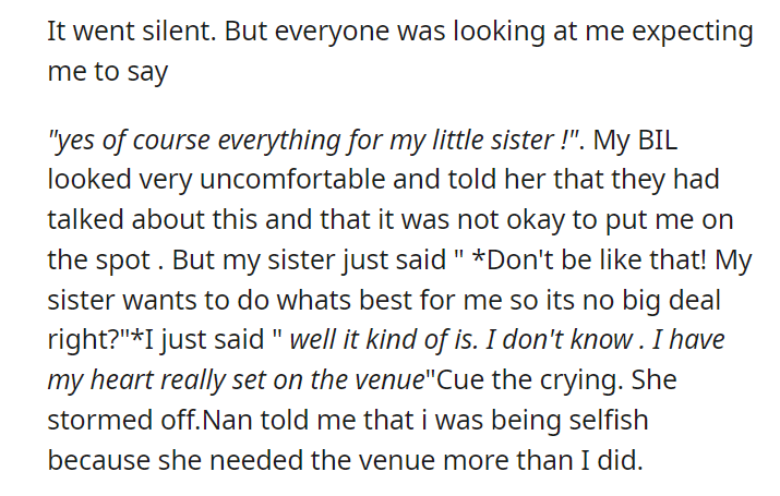 My family is pressuring me to give my (23/F) sister my (28/F) wedding venue because she needs it more and is pregnant. (Re-upload +Updates)