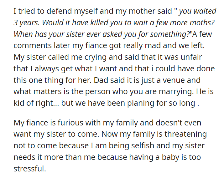 My family is pressuring me to give my (23/F) sister my (28/F) wedding venue because she needs it more and is pregnant. (Re-upload +Updates)