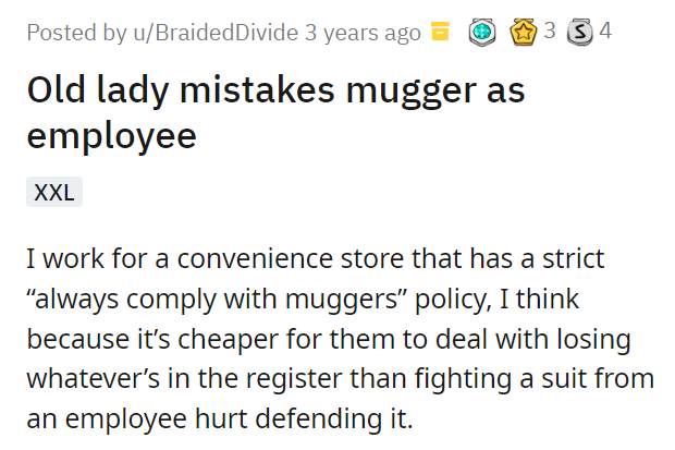 Old lady mistakes mugger as employee