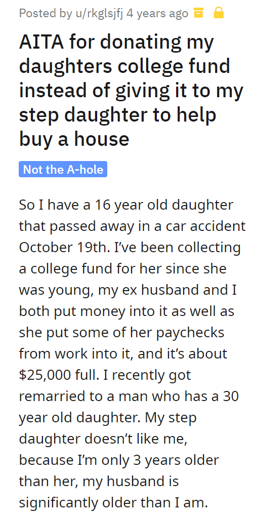 AITA for donating my daughters college fund instead of giving it to my step daughter to help buy a house