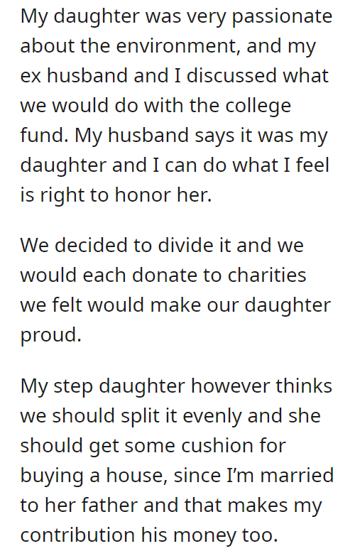 AITA for donating my daughters college fund instead of giving it to my step daughter to help buy a house