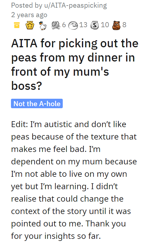 AITA for picking out the peas from my dinner in front of my mum's boss
