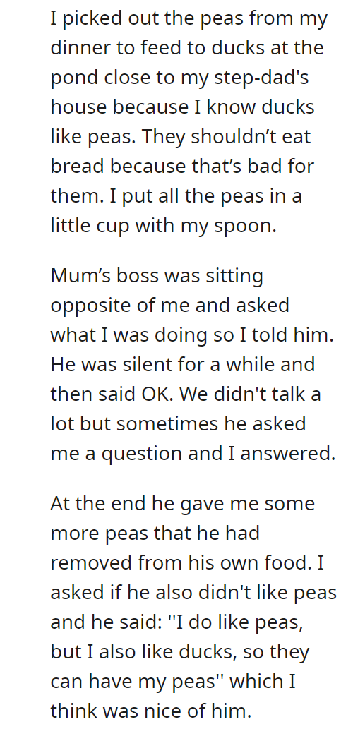 AITA for picking out the peas from my dinner in front of my mum's boss