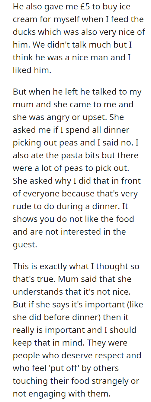 AITA for picking out the peas from my dinner in front of my mum's boss