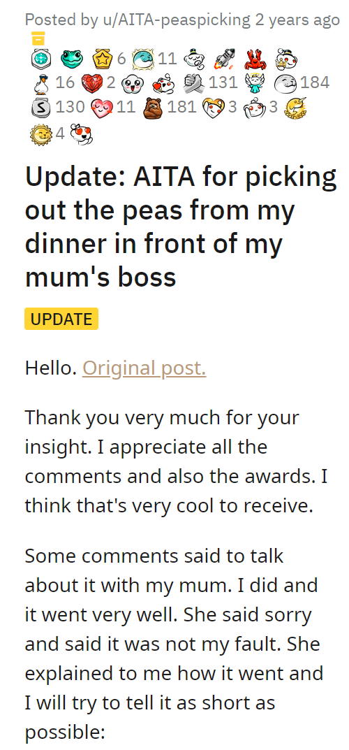 AITA for picking out the peas from my dinner in front of my mum's boss