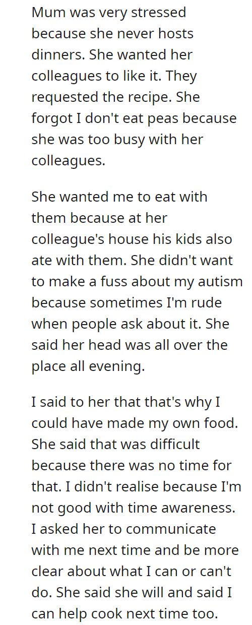 AITA for picking out the peas from my dinner in front of my mum's boss