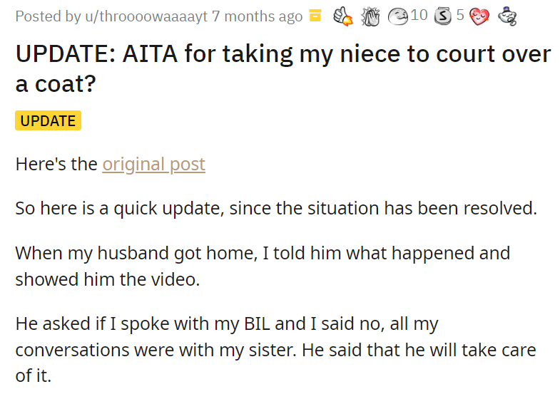 AITAA for taking my niece to court over a coat
