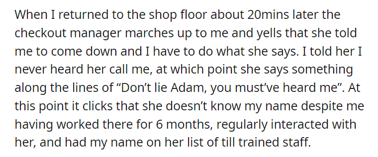 Another department’s manager doesn’t know my name, rages when I don’t answer her