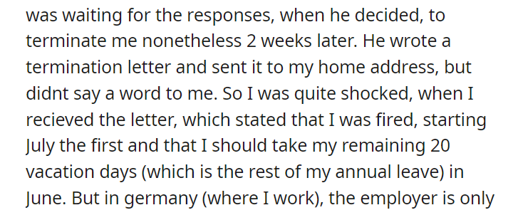 Boss firing me without a warning and fucking up the termination