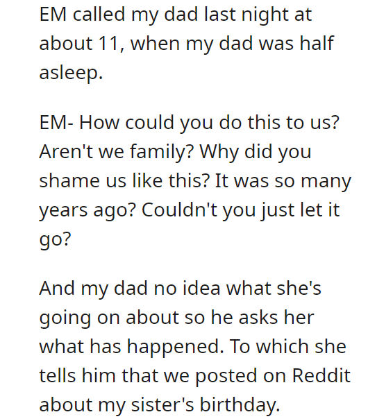 EM flips after she reads the post about her daughter and her.