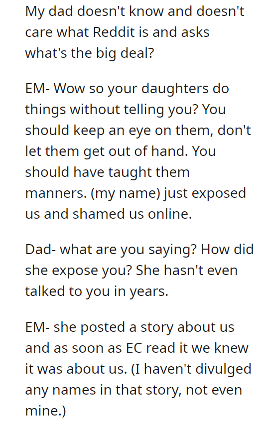EM flips after she reads the post about her daughter and her.