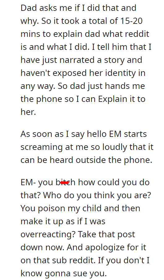 EM flips after she reads the post about her daughter and her.
