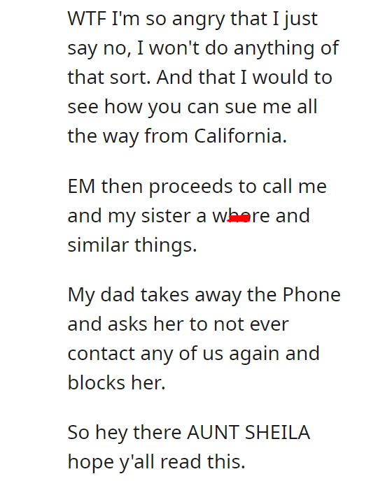 EM flips after she reads the post about her daughter and her.