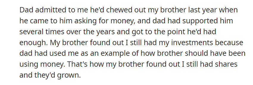 Grandmother gave my brother and me an equal share portfolio each when we were kids.
