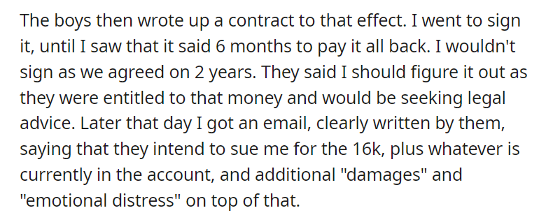 Half brothers threaten to sue me over 16k. It costs them 158k and possibly their parents' marriage.