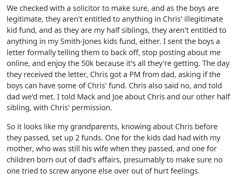 Half brothers threaten to sue me over 16k. It costs them 158k and possibly their parents' marriage.