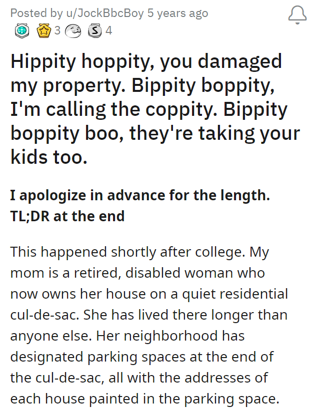 Hippity hoppity, you damaged my property. Bippity boppity, I'm calling the coppity. Bippity boppity boo, they're taking your kids too.