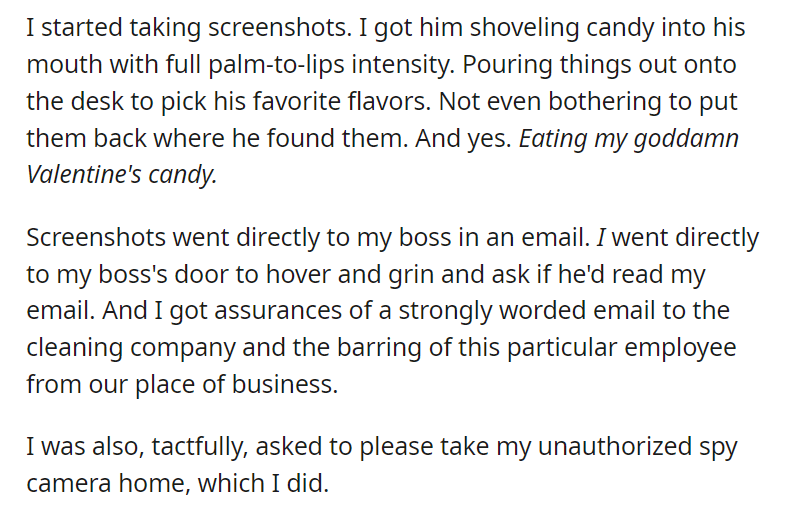 I had an office food thief. So I bought a nanny cam.
