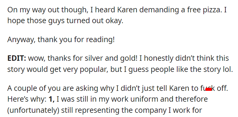 Karen tries to order pizza from me while I am eating pizza myself, then refuses to believe I don't work there.