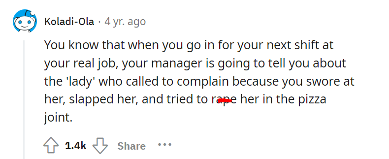 Karen tries to order pizza from me while I am eating pizza myself, then refuses to believe I don't work there.