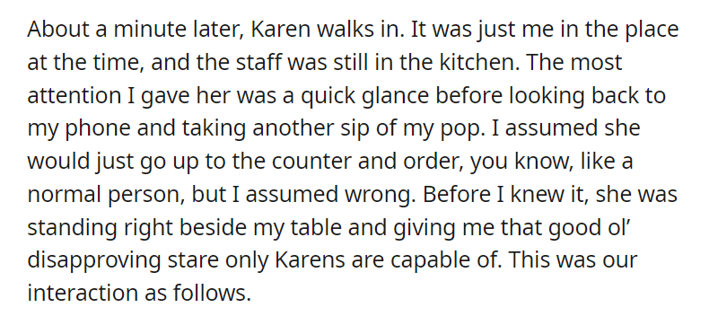 Karen tries to order pizza from me while I am eating pizza myself, then refuses to believe I don't work there.
