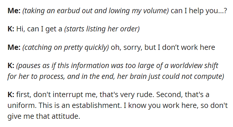 Karen tries to order pizza from me while I am eating pizza myself, then refuses to believe I don't work there.