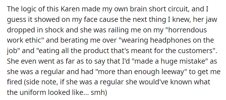 Karen tries to order pizza from me while I am eating pizza myself, then refuses to believe I don't work there.