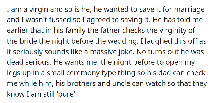 My (22f) fiance (25m) want his father to check my hymen tomorrow night before I get married.