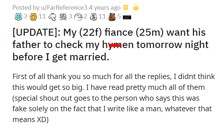 My (22f) fiance (25m) want his father to check my hymen tomorrow night before I get married.