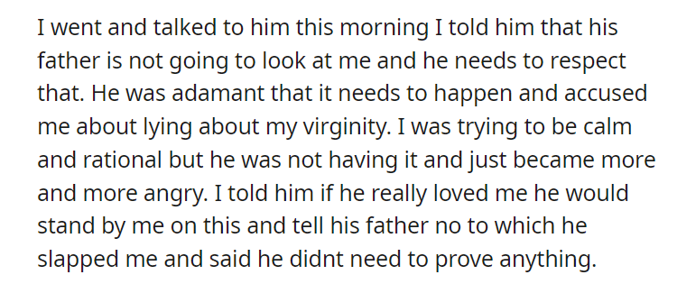 My (22f) fiance (25m) want his father to check my hymen tomorrow night before I get married.
